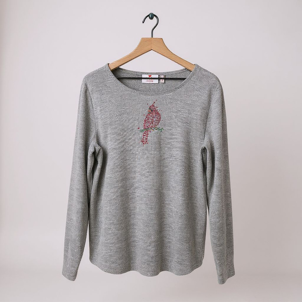 Cardinal Embellished Long Sleeve Waffle Top Gray Size Large Winter Christmas
